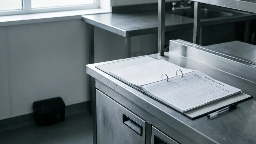 Registre de suivi sanitaire posé sur un plan de travail en inox, poste d'appâtage discret au sol