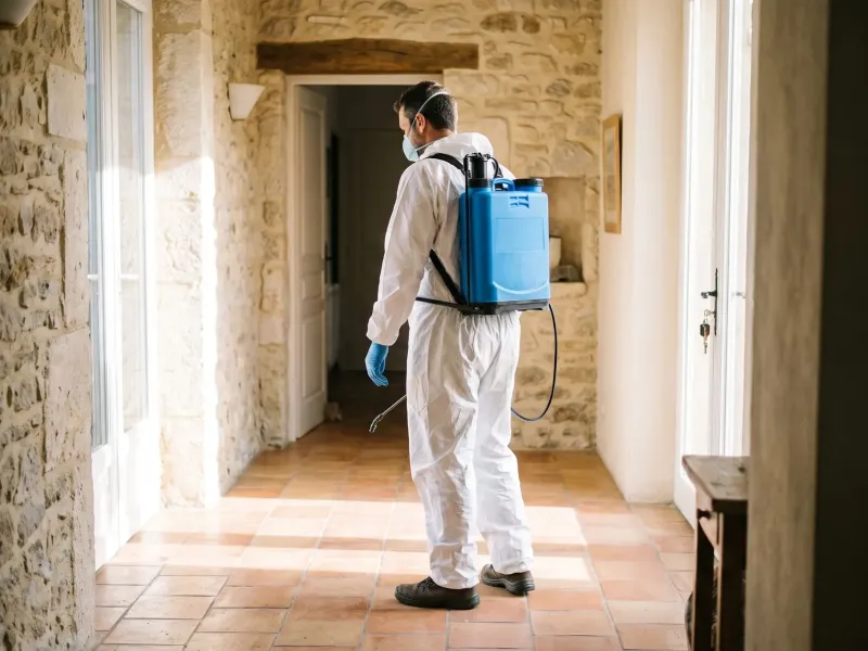 Technicien en combinaison de protection, pulvérisateur à dos, dans l'entrée d'une maison du pays niçois